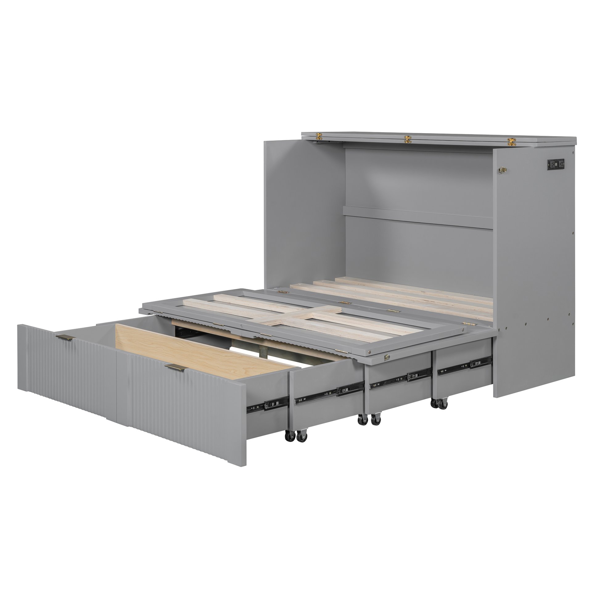 Full Size Murphy Bed With Drawer And A Set Of Sockets & USB Ports, Pulley Structure Design - Gray - Image 12