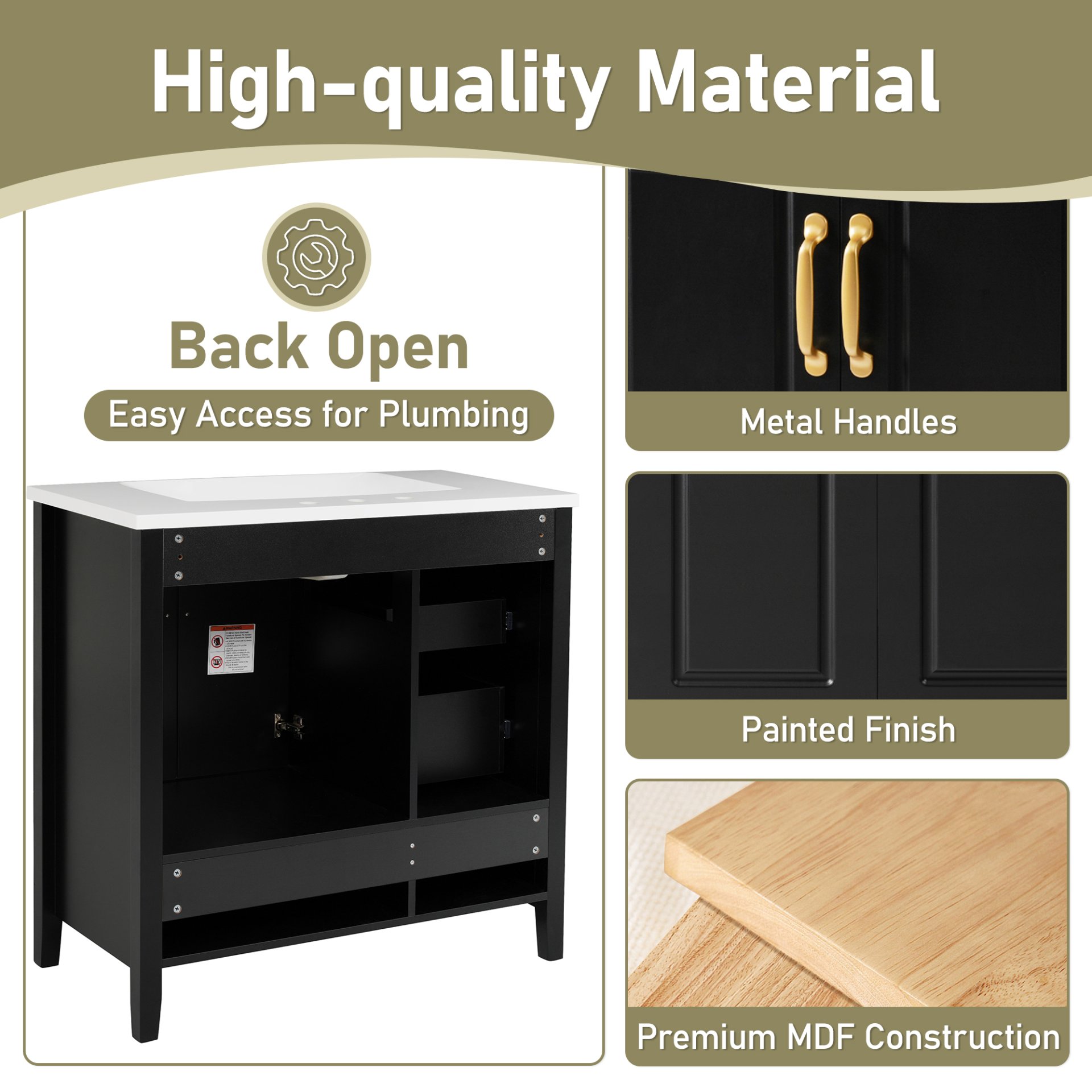 Bathroom Vanity With Sink, Soft Closing Doors & Drawers, Metal Handles - Black - Image 8