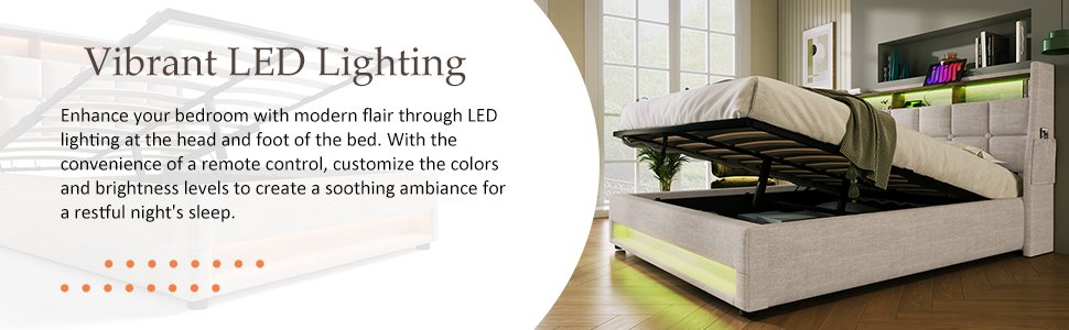 Full Size Upholstered Platform Bed With A Hydraulic Storage System, LED And USB Charging (Without Mattress) - Natural - Image 18