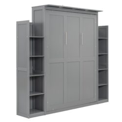 Full Size Murphy Wall Bed With Shelves And LED Lights - Gray