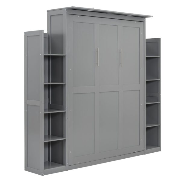 Full Size Murphy Wall Bed With Shelves And LED Lights - Gray