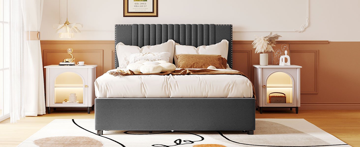 Full Size Upholstered Platform Bed With 2 Drawers And 1 Twin Size Trundle, Classic Headboard Design - Gray - Image 17