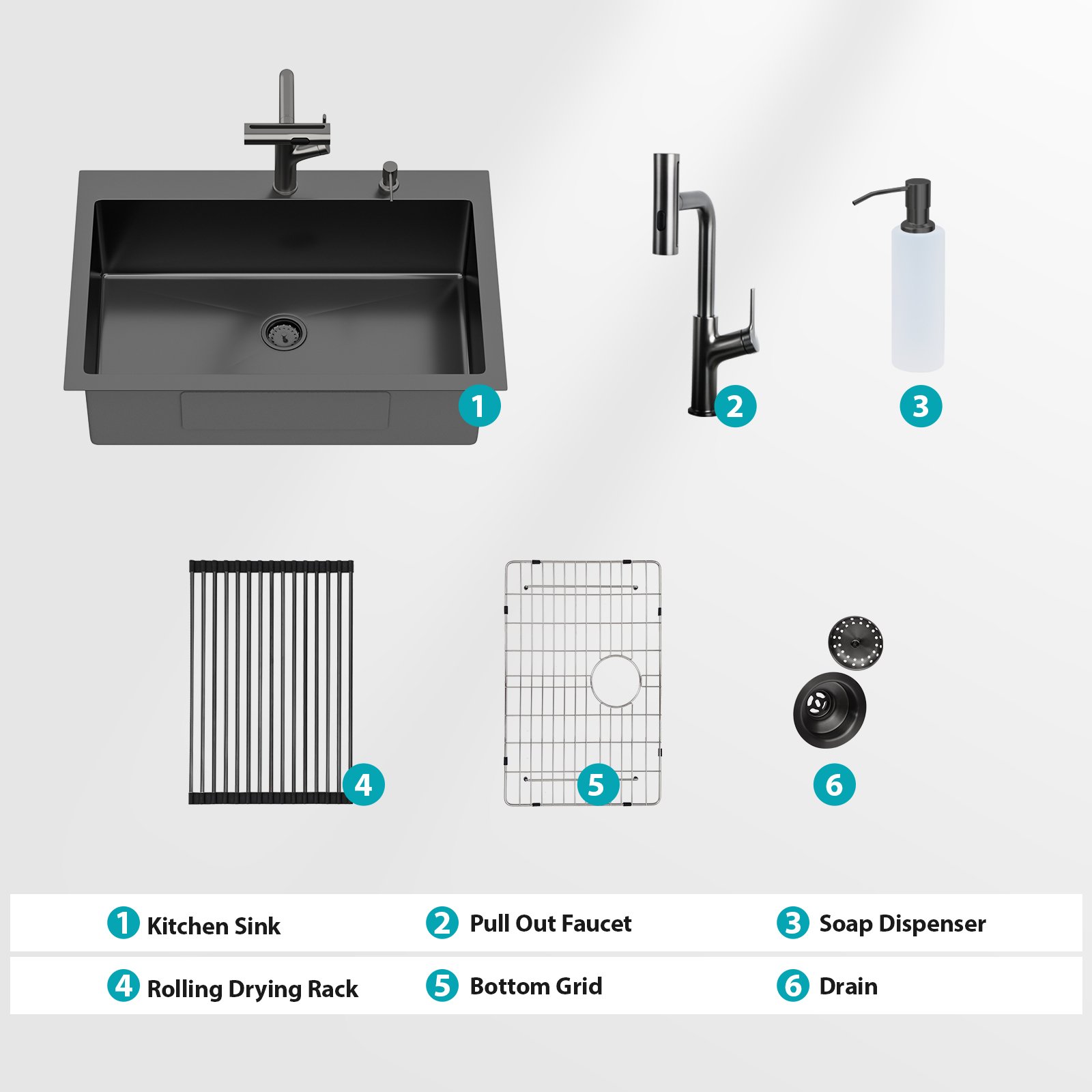 30" Drop In Kitchen Sink With Pull Out Faucet And Soap Dispenser 16 Gauge T 304 Single Bowl Topmount Sink - Gunmetal Black - Image 11