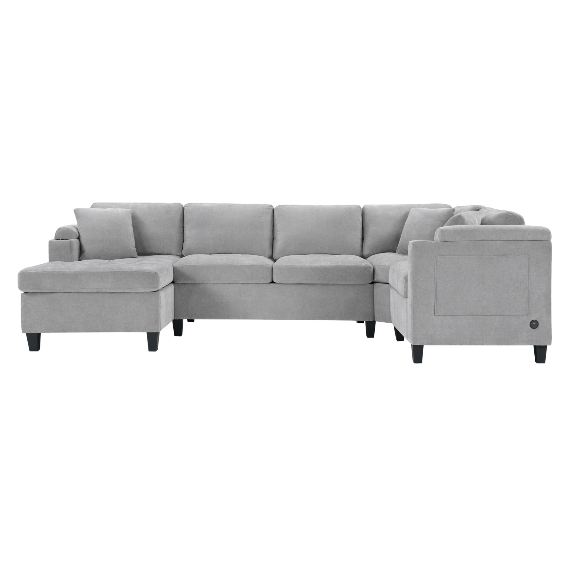 U Shaped Sectional Sofa, Corner Living Room Couch With Built In Cup Holders, Storage, USB Ports - Light Gray - Image 6