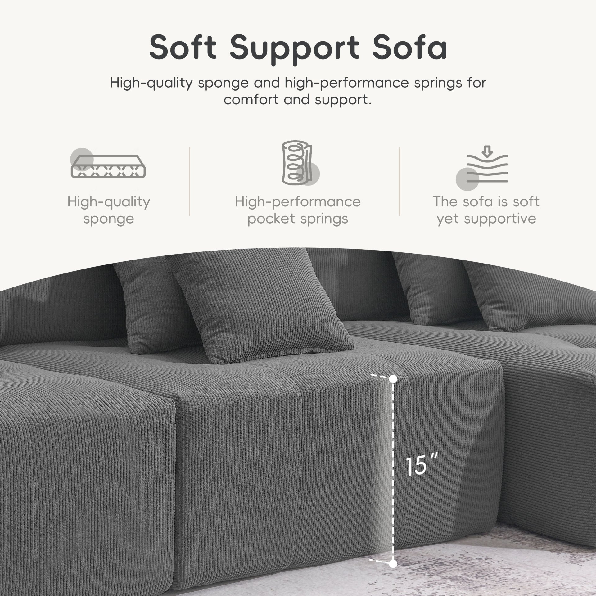 3 Piece Free Combination L Shaped Modular Sectional, Minimalist Floor Couch Set, Convertible Foam Filled Cloud Compressed Couch For Living Room - Gray - Image 7
