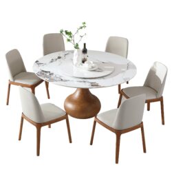 Round Modern Marble Dining Table With 6 Chairs - Walnut / White