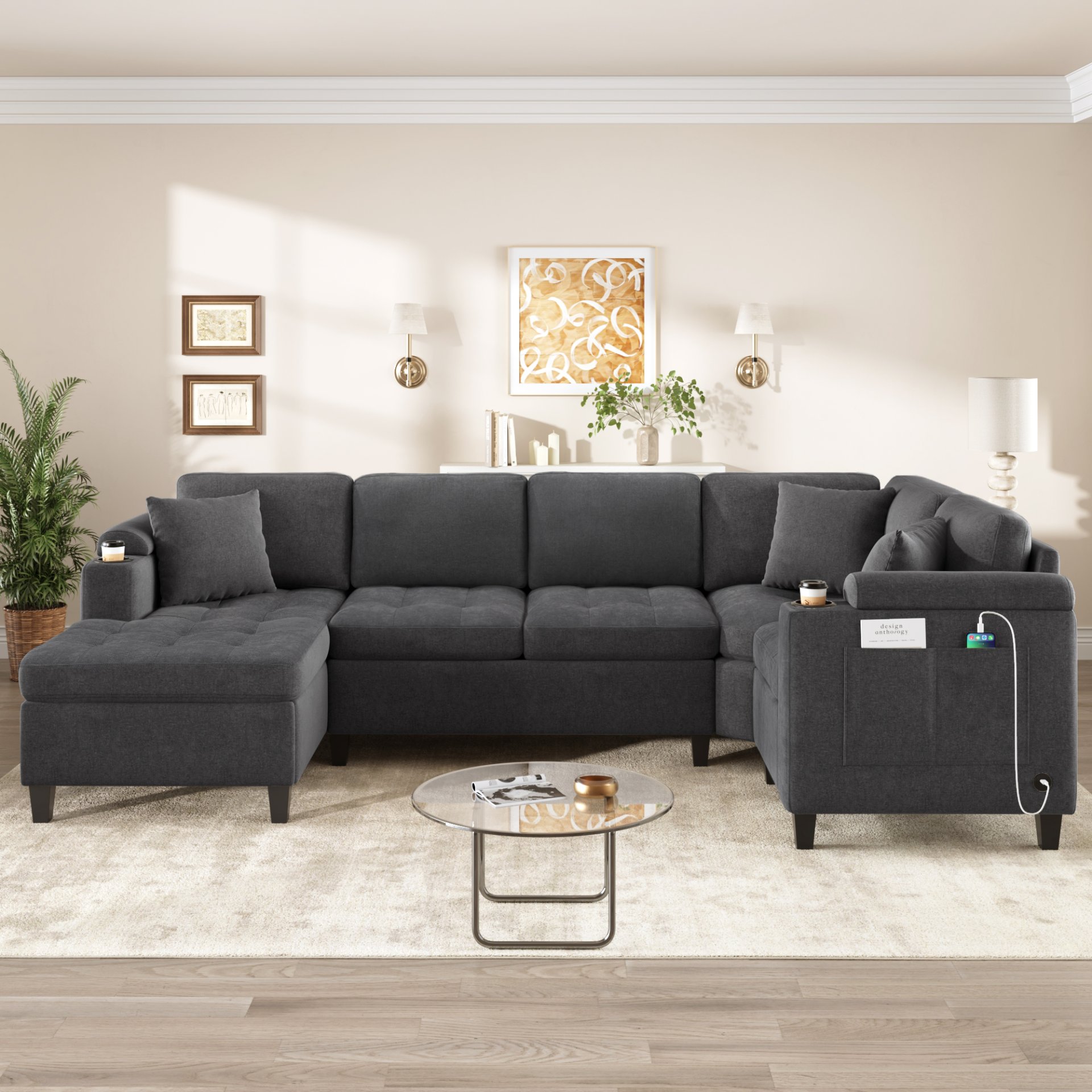 U Shaped Sectional Sofa, Corner Living Room Couch With Built In Cup Holders, Storage, USB Ports - Gray - Image 5
