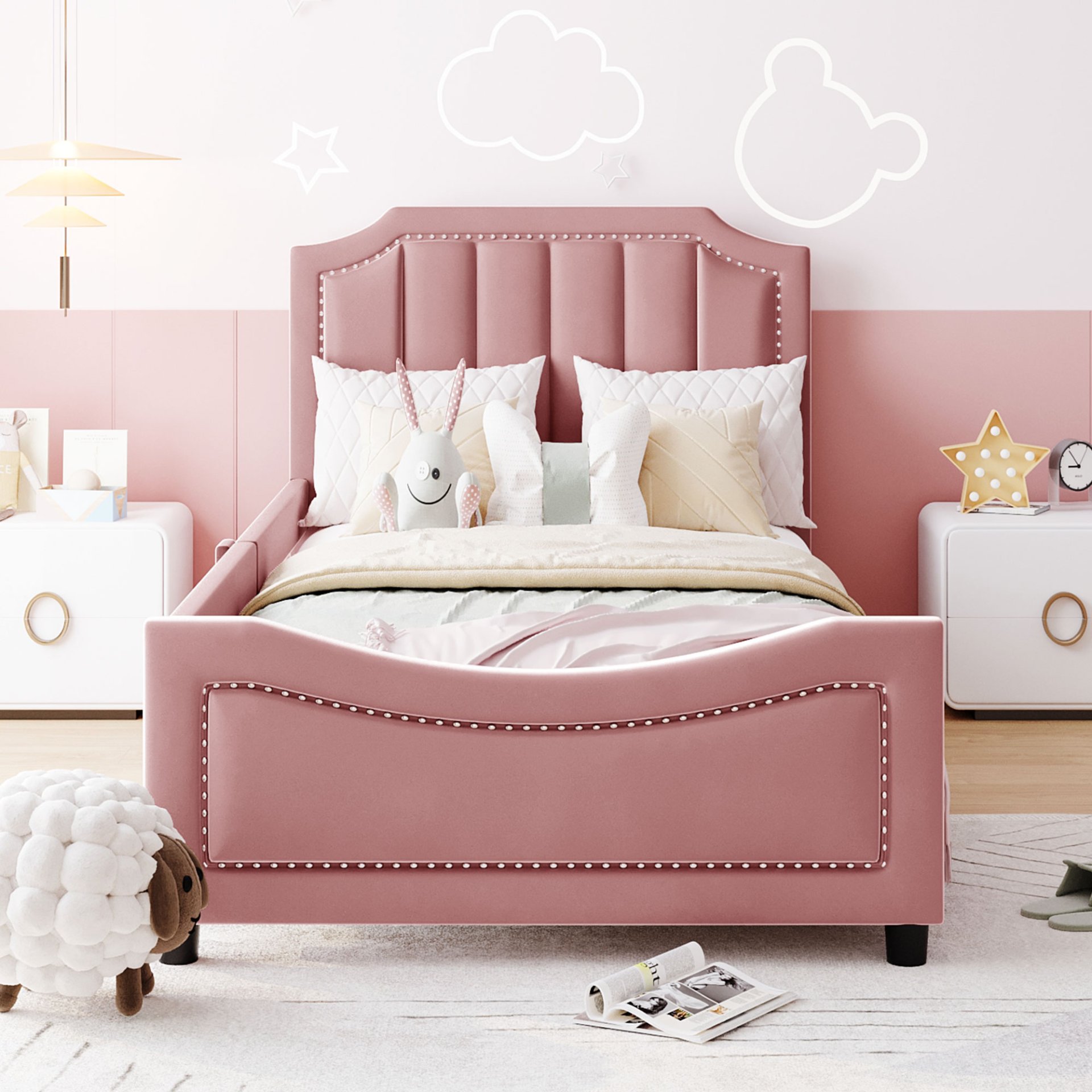 Twin Size Upholstered Daybed With Classic Stripe Shaped Headboard - Pink - Image 2