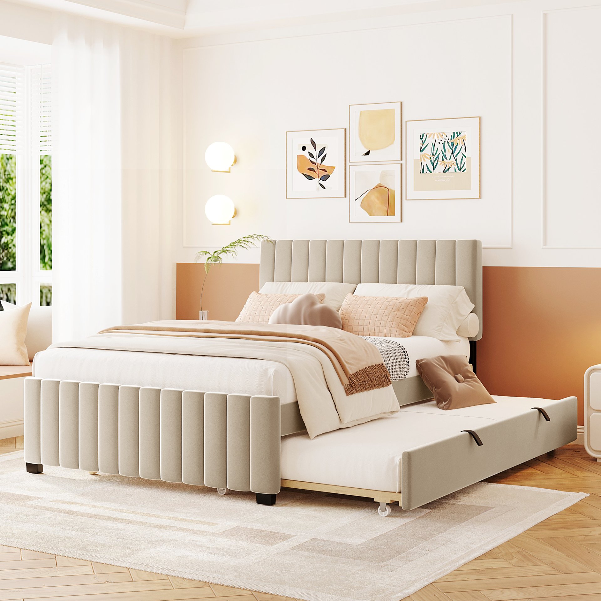Full Size Elegant Upholstered Platform Bed With Twin Size Trundle - Beige - Image 2