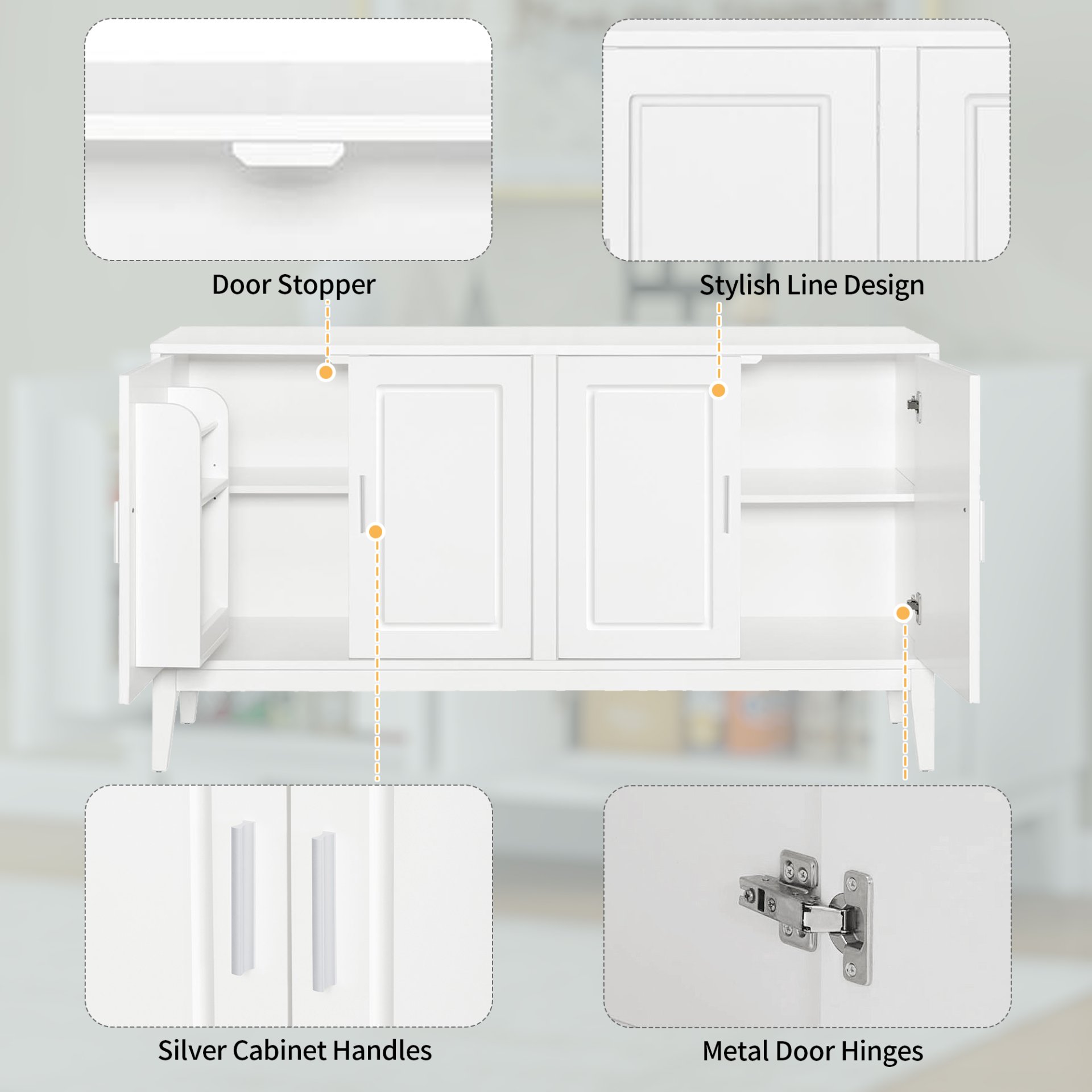 4 Door Sideboard Storage Cabinet With Door Shelf For Living Room And Dining Room, 2 Large Cabinets With Adjustable Shelf - White - Image 7