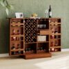 Home Bar Cabinet, Industrial Rattan Door Fold Out Bar Cabinet With Storage Bar Table - Walnut - Image 2