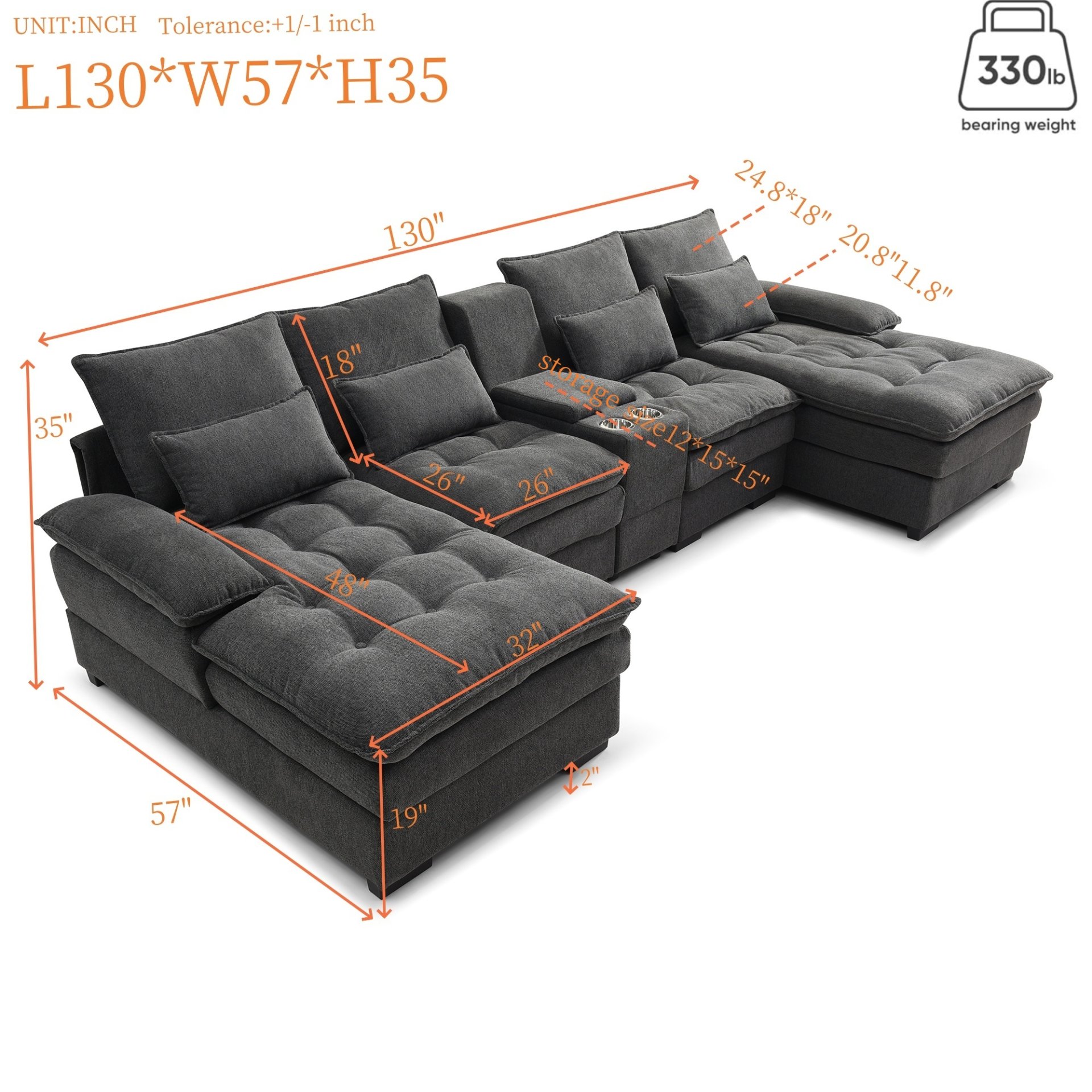 U Shaped Sofa With Console And Cupholders, 6 Seat Upholstered Sleeper Couch Set - Gray - Image 3