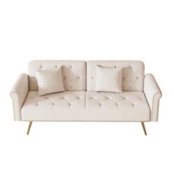 Luxurious Velvet Sofa Bed With Nail Head Trim And Matching Pillow - Beige