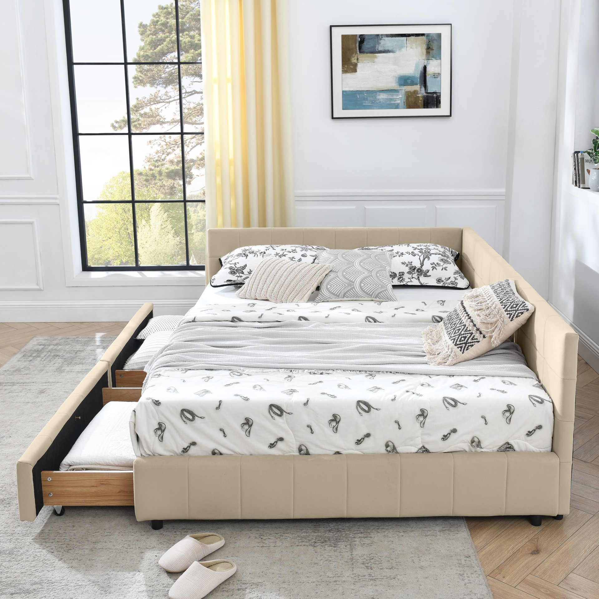 Mid Century Velvet Upholstered Tufted Queen Size Storage Bed Frame With Backrest And Armrests - Beige - Image 7