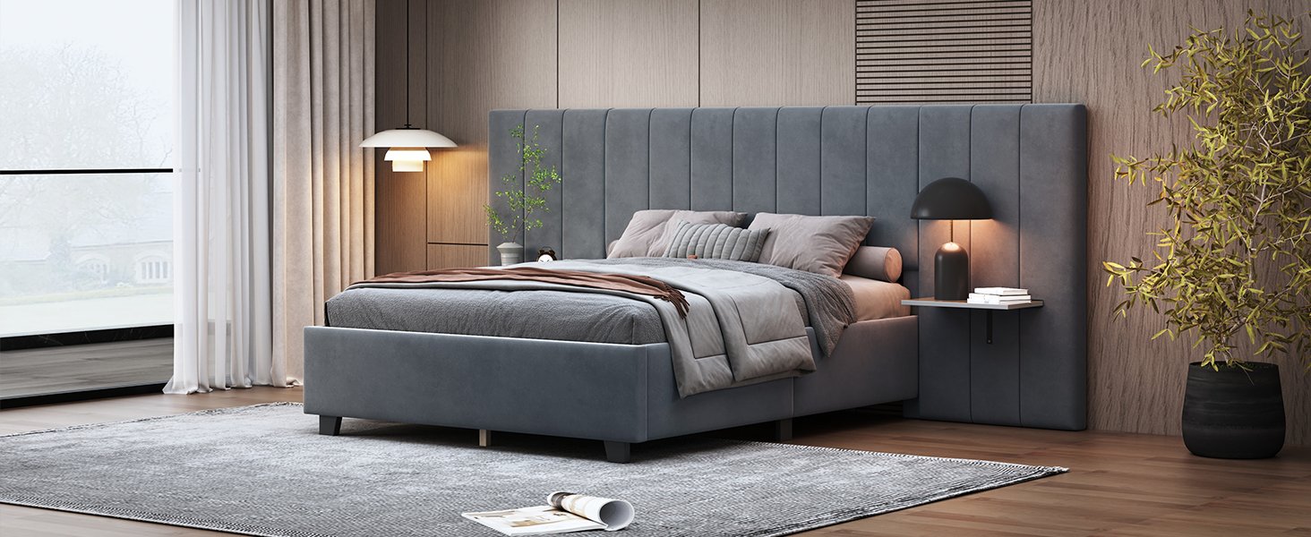 Full Size Upholstered Platform Bed With Big Headboard - Gray - Image 14