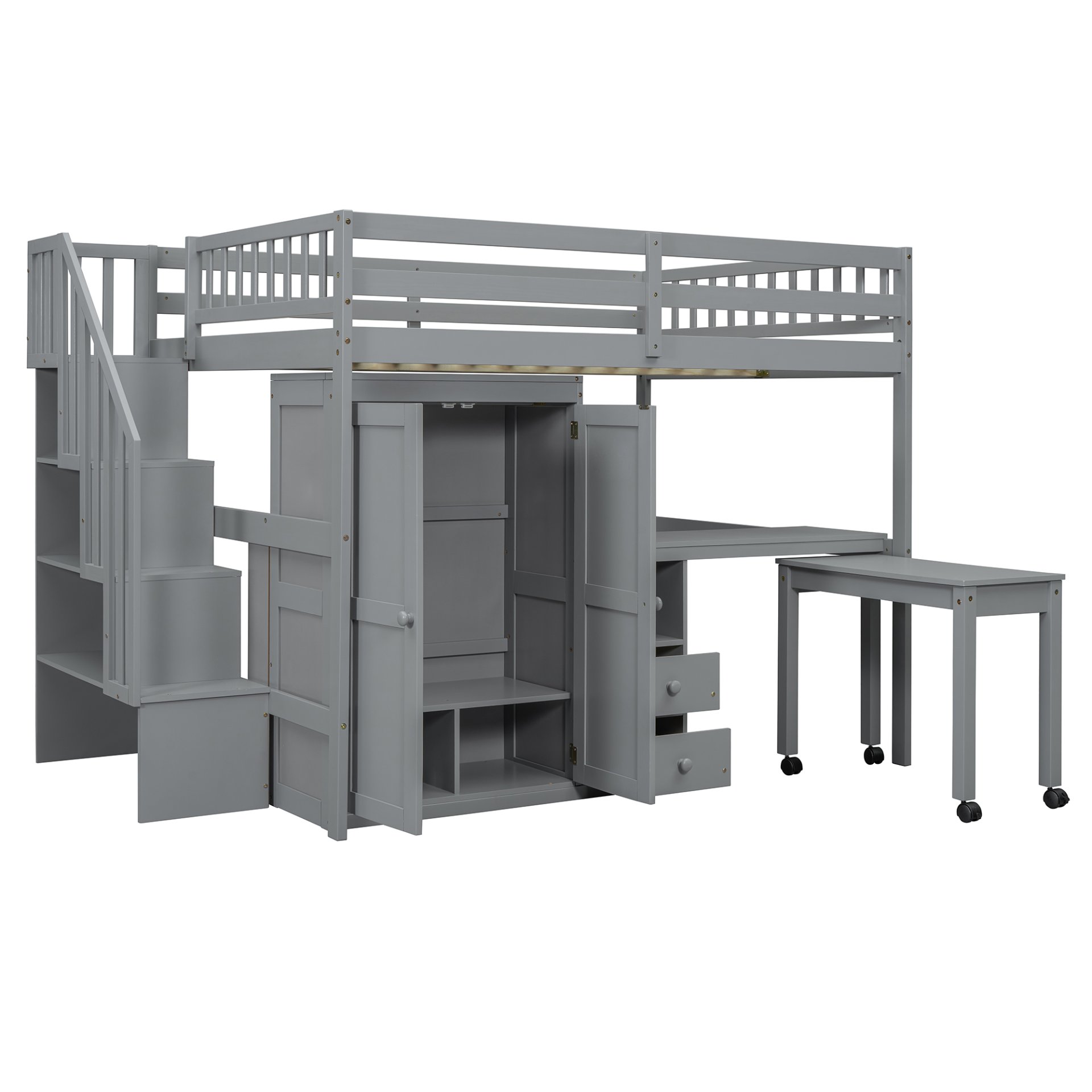 Full Size Loft Bed With Stairs, Bookshelf, Drawers, Desk & Wardrobe, Space Saving Multifunctional Furniture - Gray - Image 7
