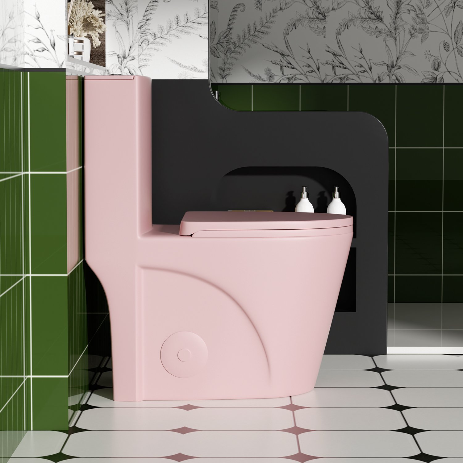 Fan Shaped Design 1 Piece Toilet With Elongated Bowl And Soft Close Seat, Dual Flush 1.1 / 1.6 Gpf - Pink Flower - Image 6