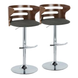 Cosi - Mid-Century Modern Adjustable Barstool With Swivel With Rounded T Footrest (Set of 2) - Chrome / Walnut / Charcoal