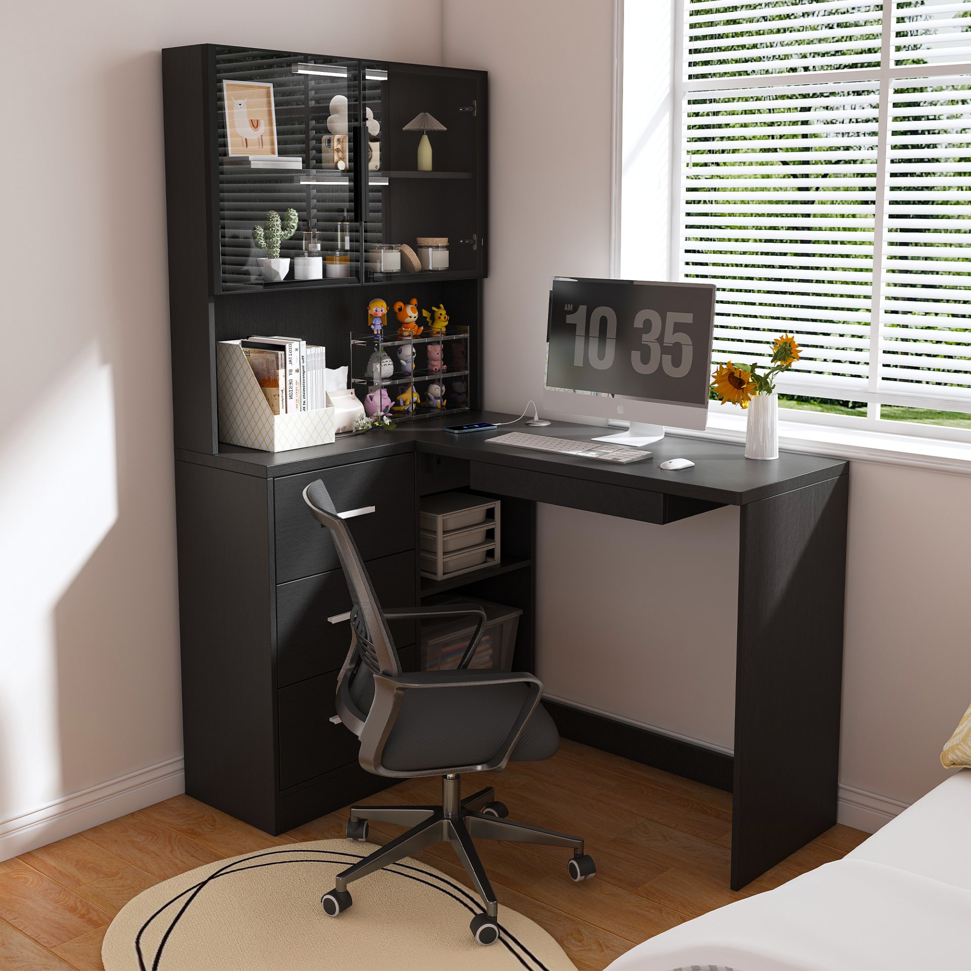 L Shaped Computer Desk With Glass Cabinets, Built In LED Lights, USB Charging Ports, And Keyboard Tray - Black - Image 4