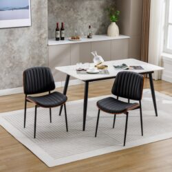 Dining Chairs (Set of 2) Mid-Century Modern Retro Faux Leather Chair With Bentwood Upholstered Seat Metal Legs Adjustable Foot For Kitchen Dining Room Chairs - Black