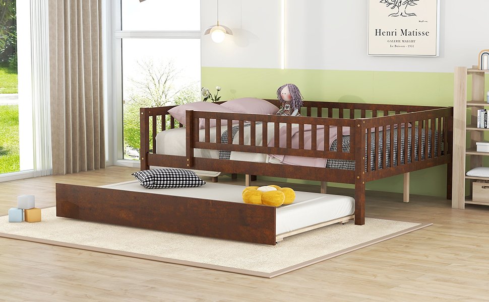 Full Size Daybed With Trundle And Fence Guardrails - Walnut - Image 15