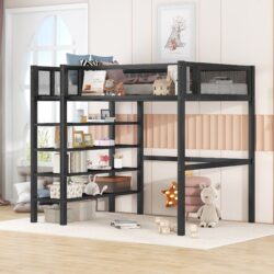 Twin Size Loft Bed With 4 Tier Shelves And Storage - Black