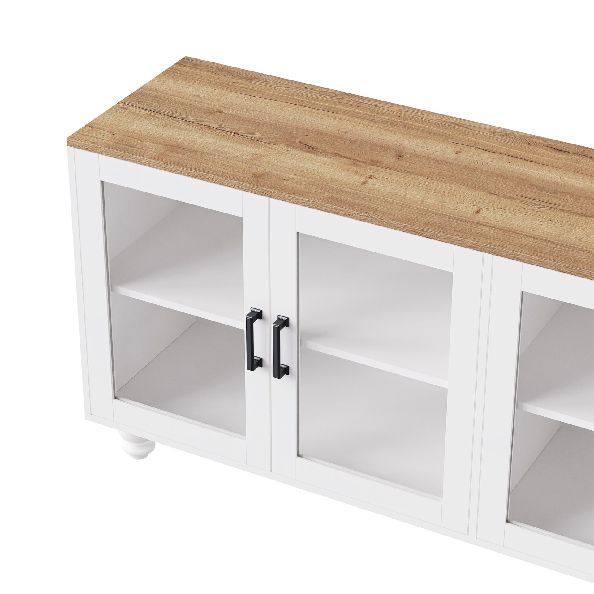 Farmhouse TV Stand With Solid Wood Gourd Shaped Legs For TVs Up To 70", Entertainment Center With Bookshelves & Tempered Glass Doors, Media Console With Adjustable Shelves, Living Room - White / Natural - Image 15