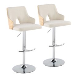 Stella - Contemporary Adjustable Barstool Stool With Swivel With Rounded T Footrest (Set of 2) - Chrome / Natural / Cream
