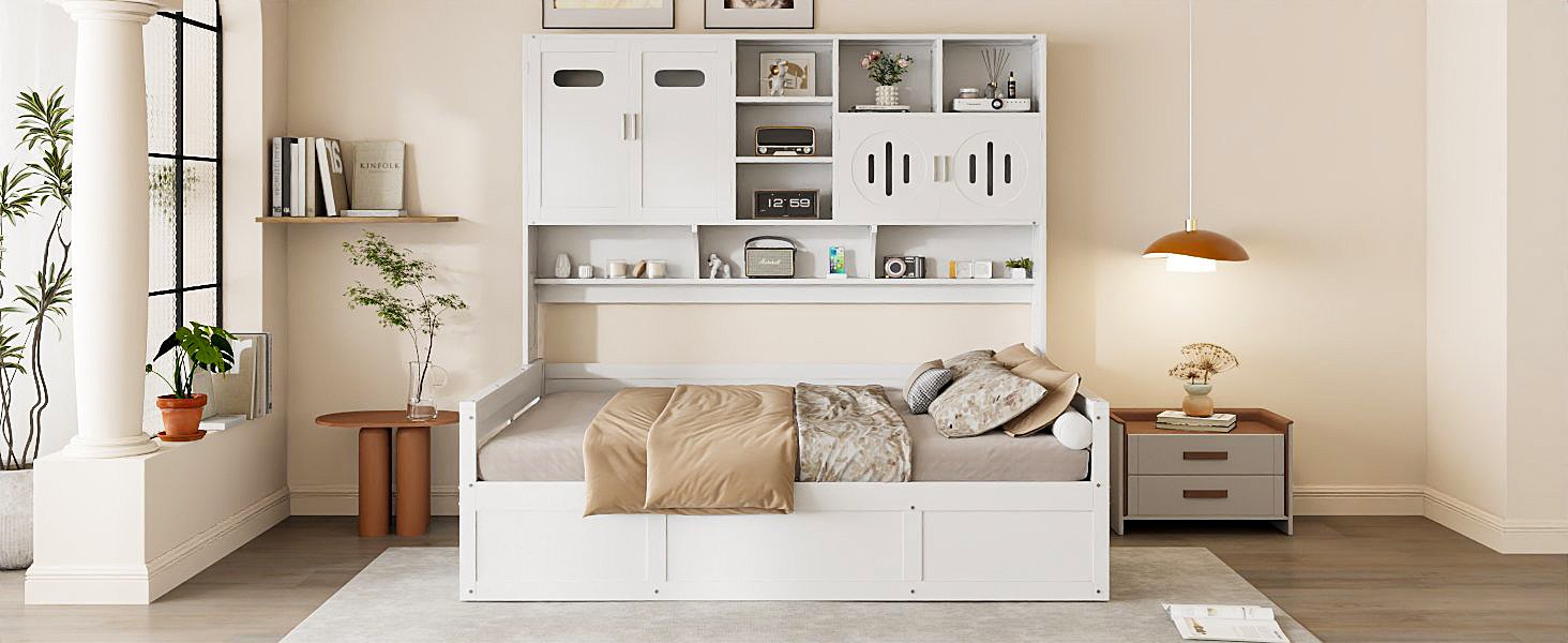 Full Size Wooden Daybed With Hydraulic Bed And All In One Cabinet And Shelf - White - Image 16