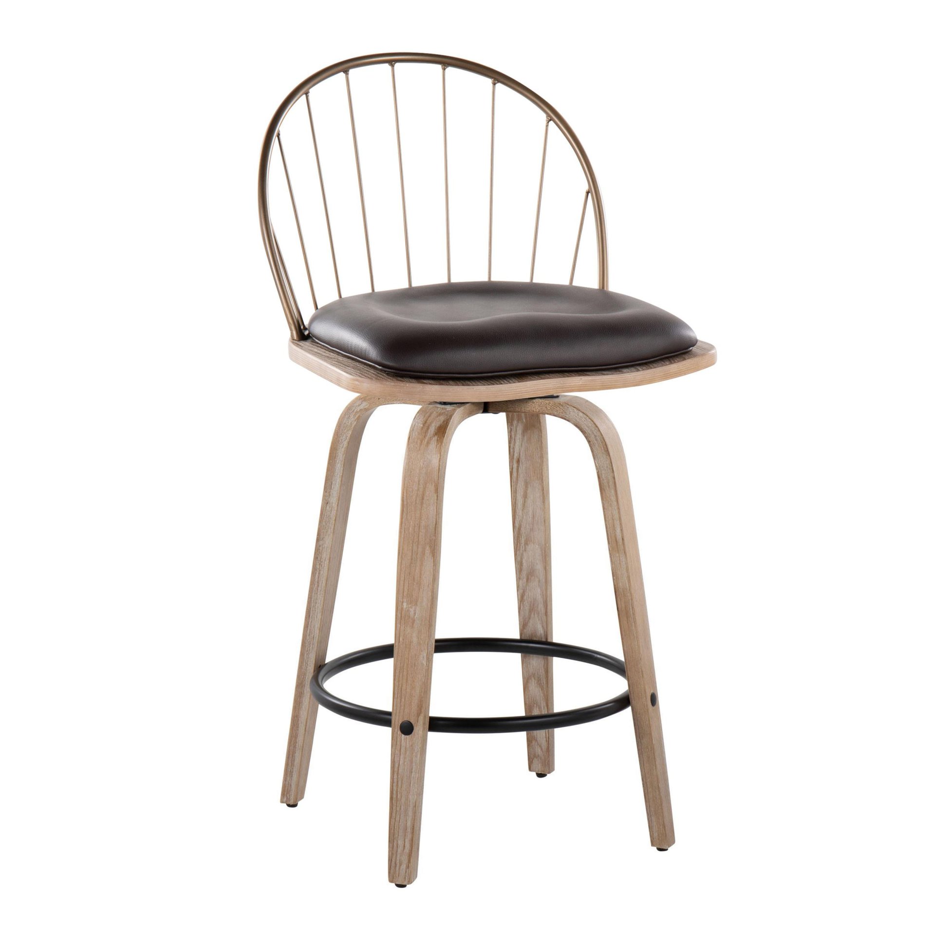 Riley - Farmhouse Fixed Height Counter Stool Round Footrest With Removable Cushion (Set of 2) - White Washed / Antique Copper / Brown - Image 2