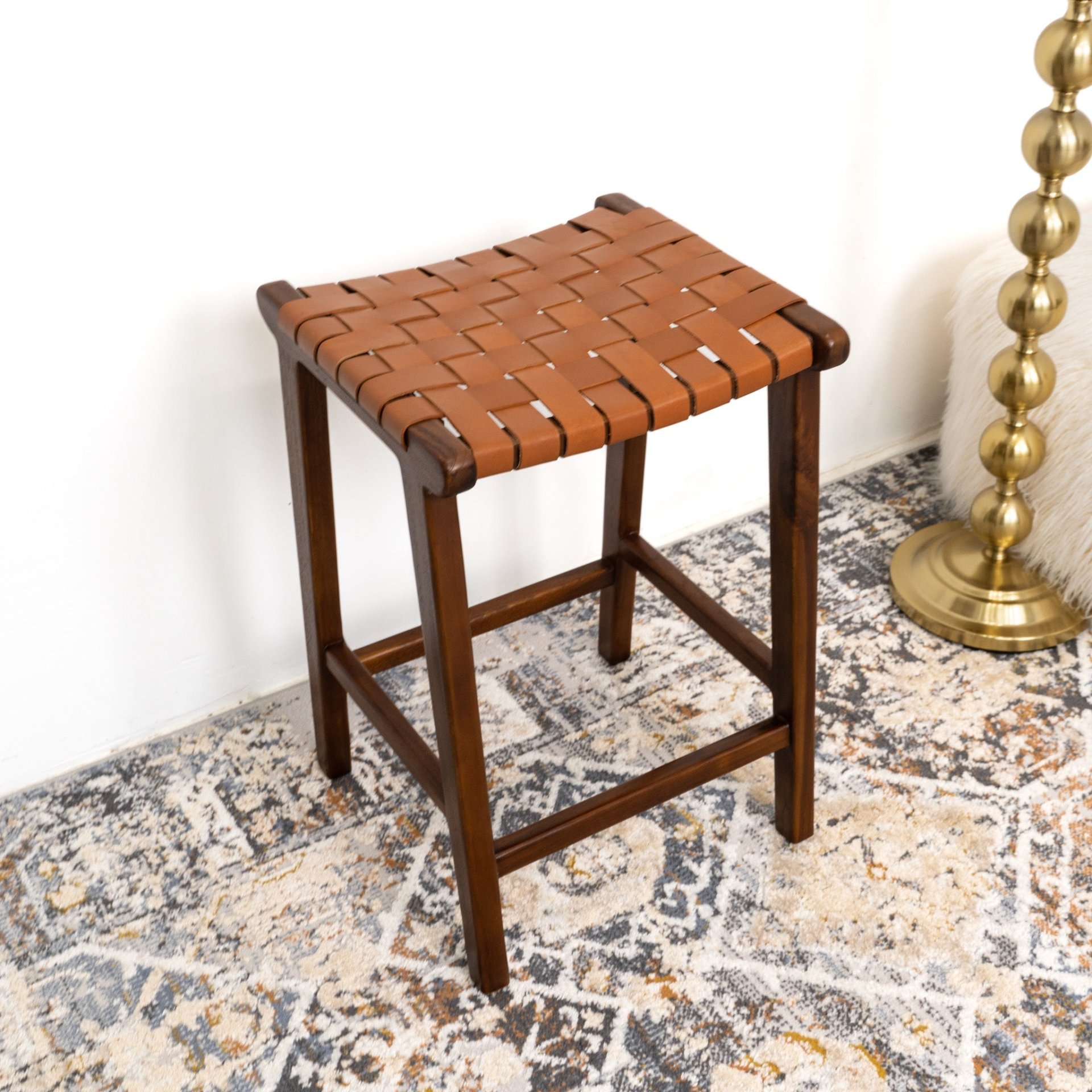 James - Mid-Century Modern Genuine Leather Counter Stool - Brown / Rustic - Image 9
