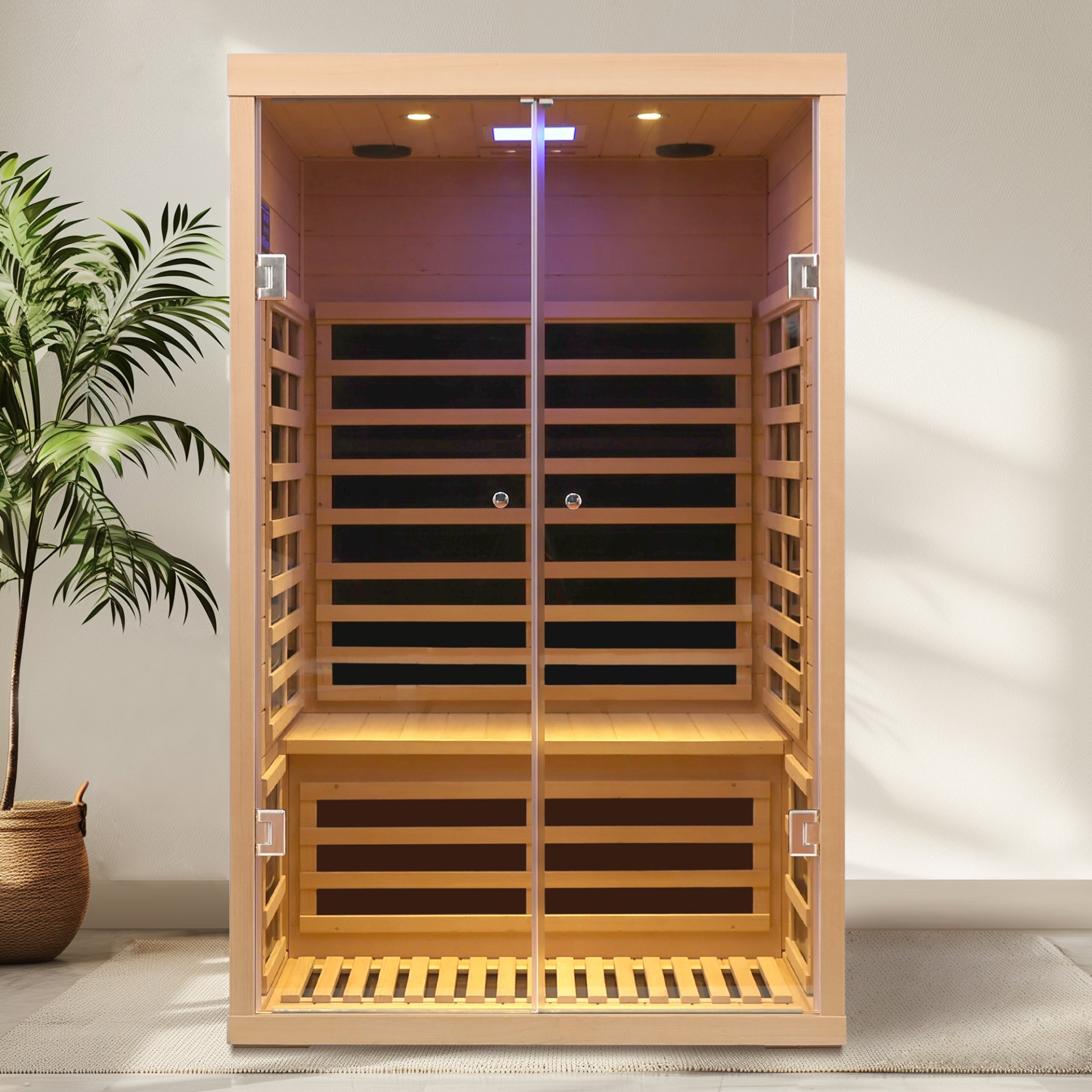 Low Emf 2 Person Wide Space Hemlock, Double Doors Great Glass Luxury Indoor Far Infrared Sauna Room - Natural Wood - Image 2