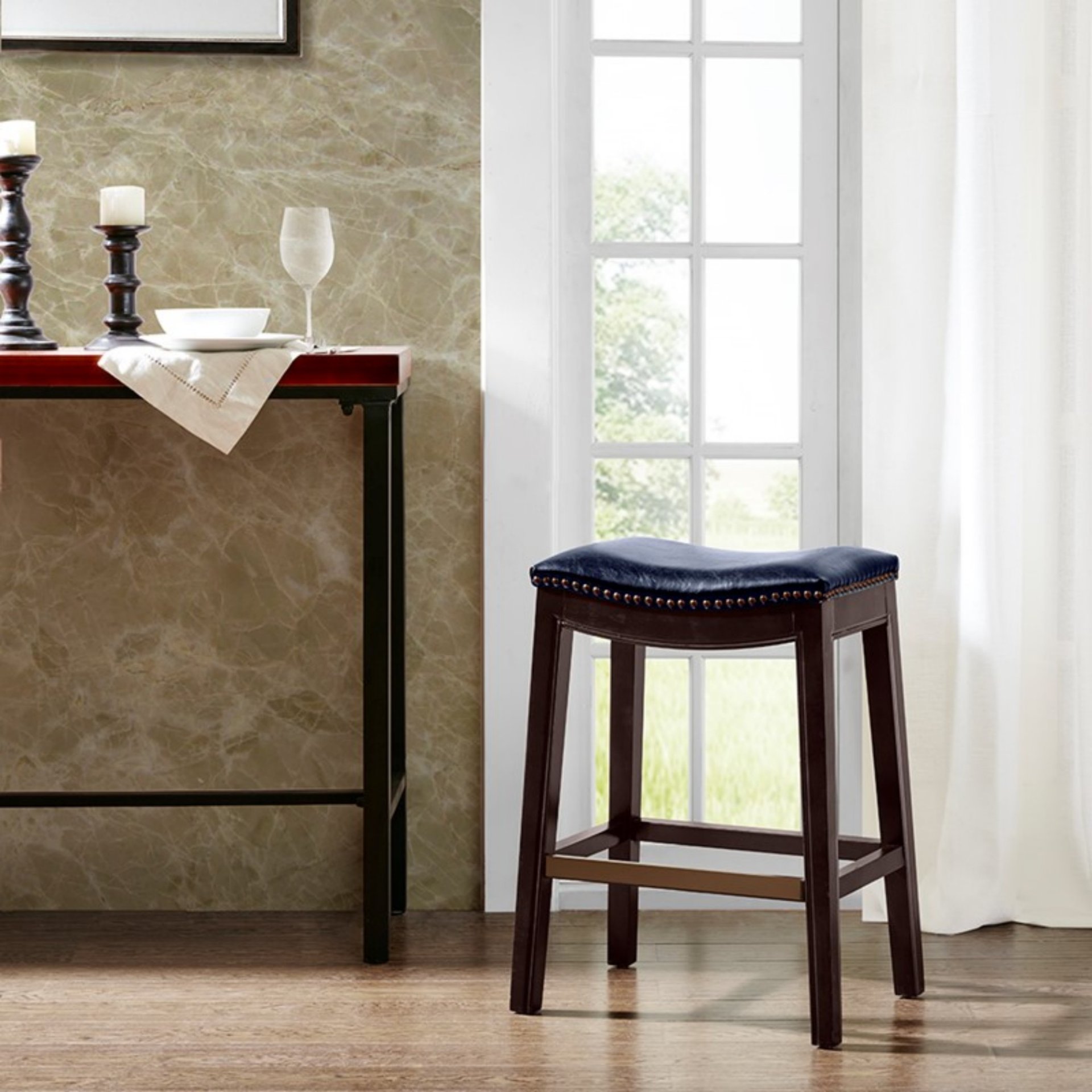 Saddle Counter Stool With Antique Bronze Detailing And High Density Foam - Navy - Image 2