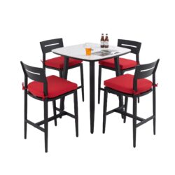 5 Pieces Outdoor Patio Bar Set, Rounded Square Table & 4 Bar Stools - Ember Black Frame / Greek White Marble-Inspired Sintered Stone