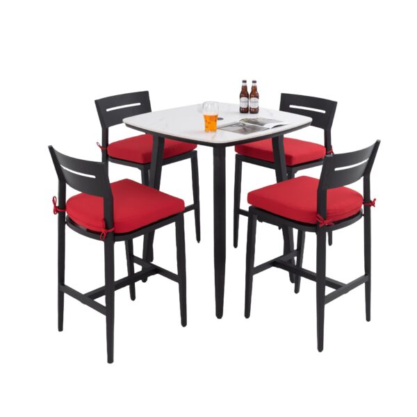 5 Pieces Outdoor Patio Bar Set, Rounded Square Table & 4 Bar Stools - Ember Black Frame / Greek White Marble-Inspired Sintered Stone