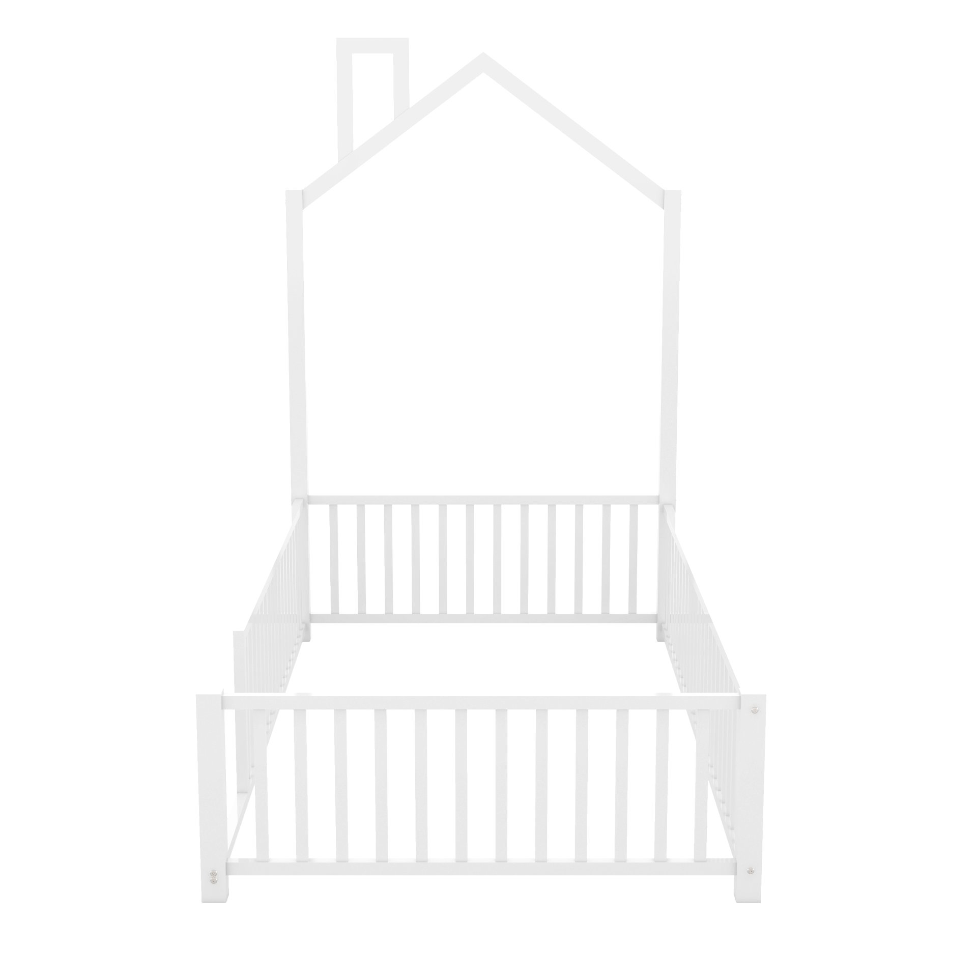 Twin Size Metal House Platform Bed With Guardrail And Chimney - White - Image 8