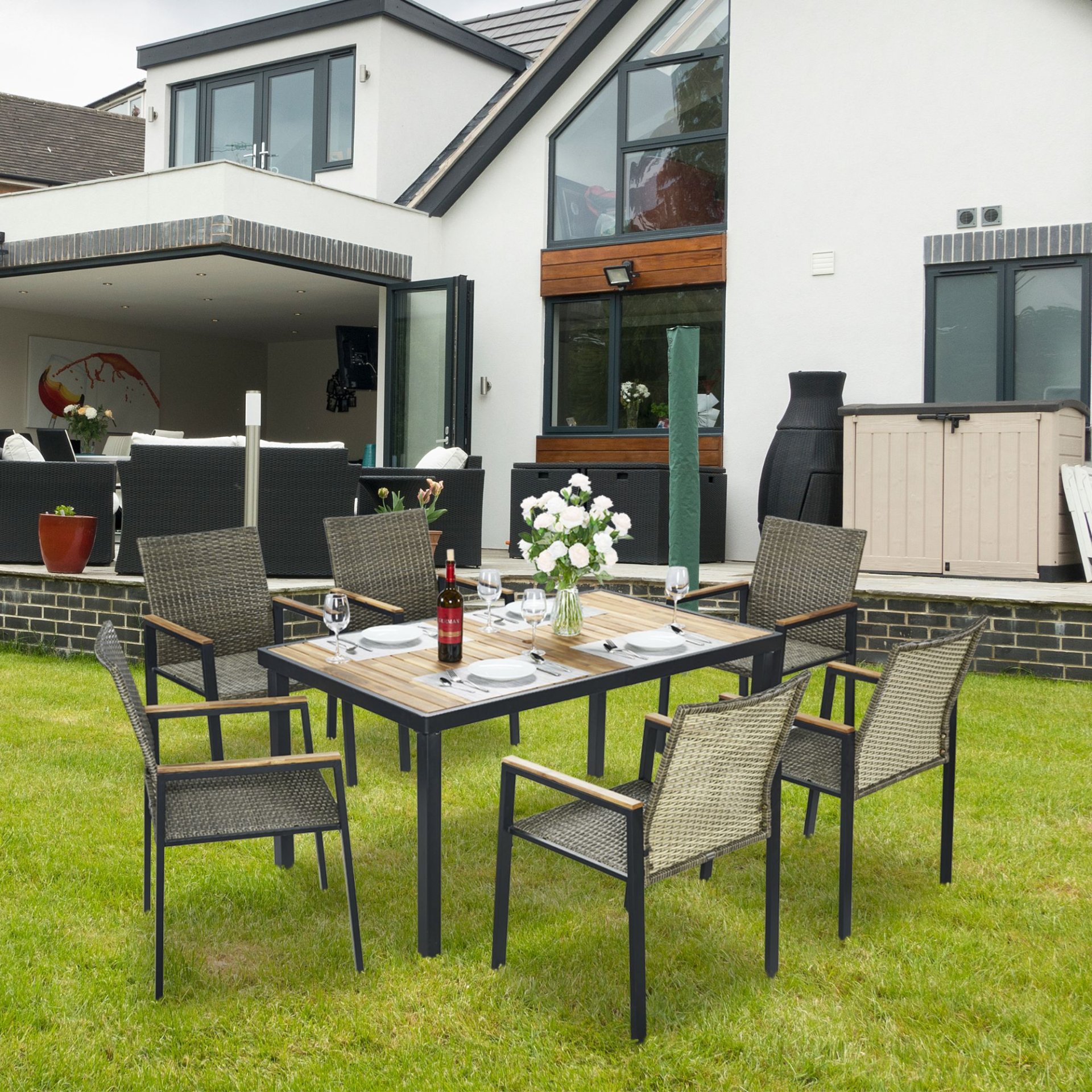 All Weather 7 Piece Patio Dining Table Set With Umbrella Hole - Brown / Gray - Image 12