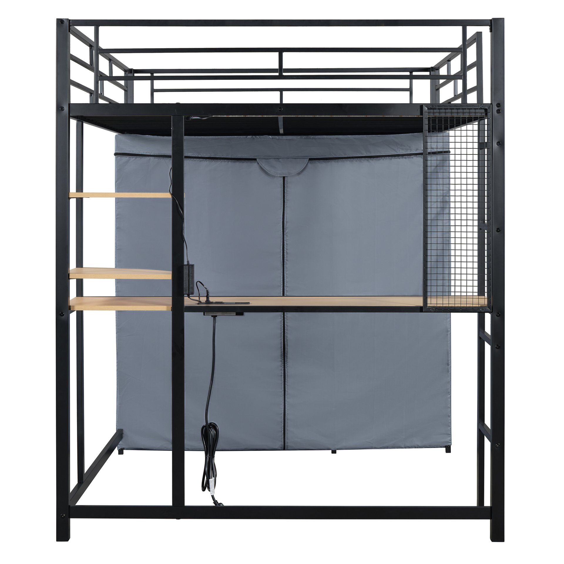 Full Size Loft Bed With Desk, Shelves, Power Outlet, LED Light And Wardrobe - Black - Image 12