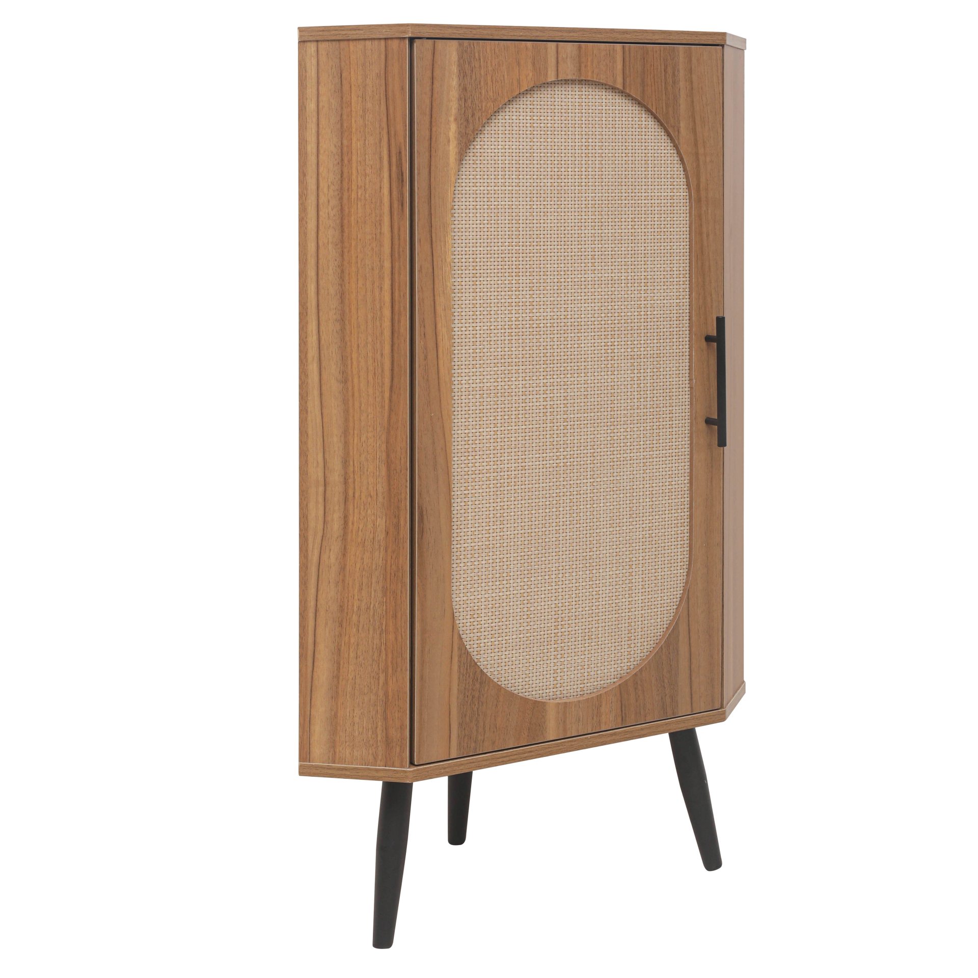 Corner Cabinet, Rattan Door, Freestanding Corner Tables For Small Spaces, Corner Shelf Stand For Living Room, Kitchen, Bathroom, Bedroom - Walnut - Image 6