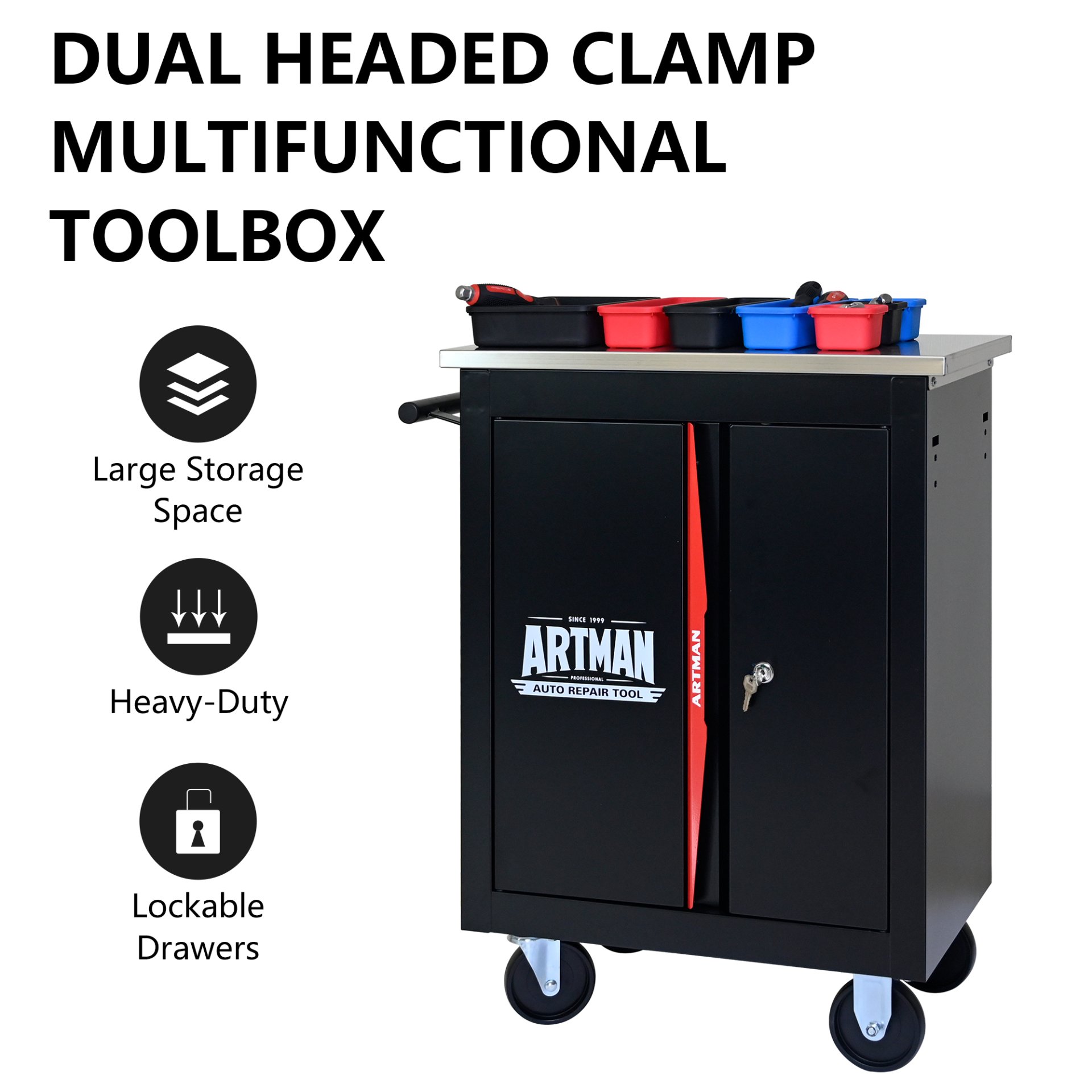 Double Door Clapboardl Multi Function Tool Cart - Black / Red - Image 5
