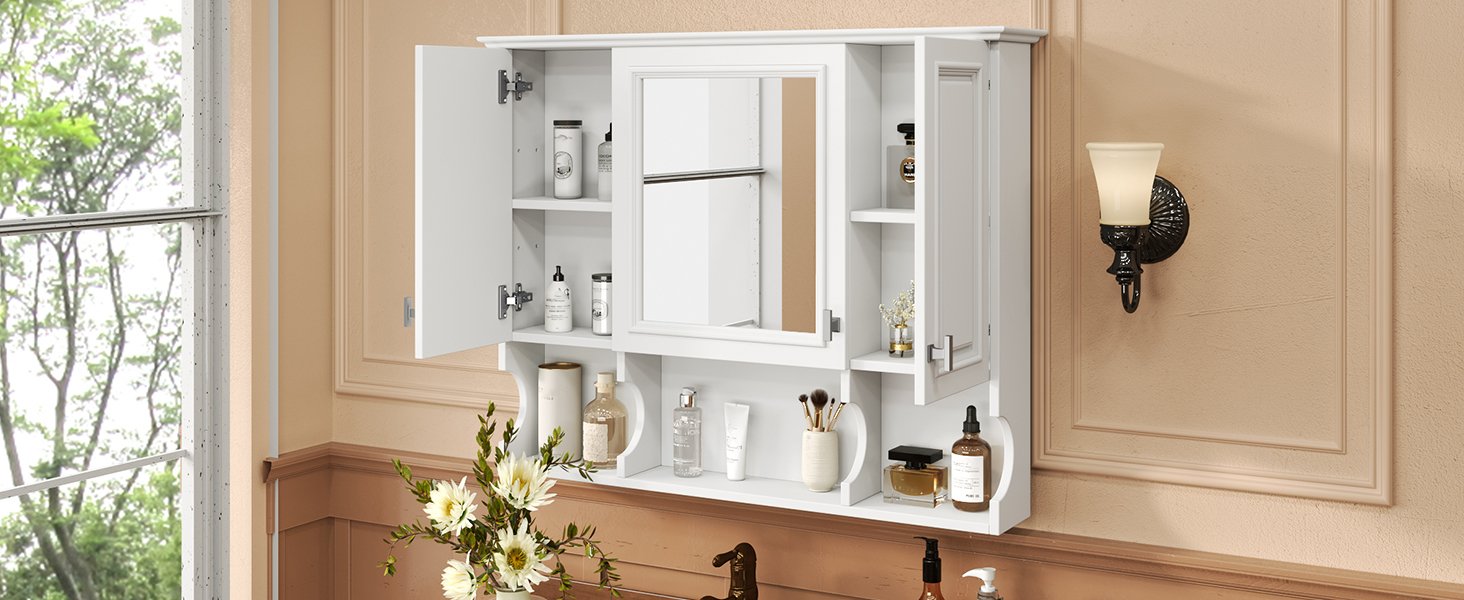 Wall Mounted Bathroom Medicine Cabinet, Modern Bathroom Wall Cabinet With Mirror, Mirror Cabinet With Open Shelves - White - Image 23