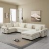 U Shaped Sectional Sofa 6 Seat Couch Set With Oversized Ottoman, Hidden Armrest Storage And Cup Holders USB Charging Ports Wide Seat Sofa - Off White - Image 17
