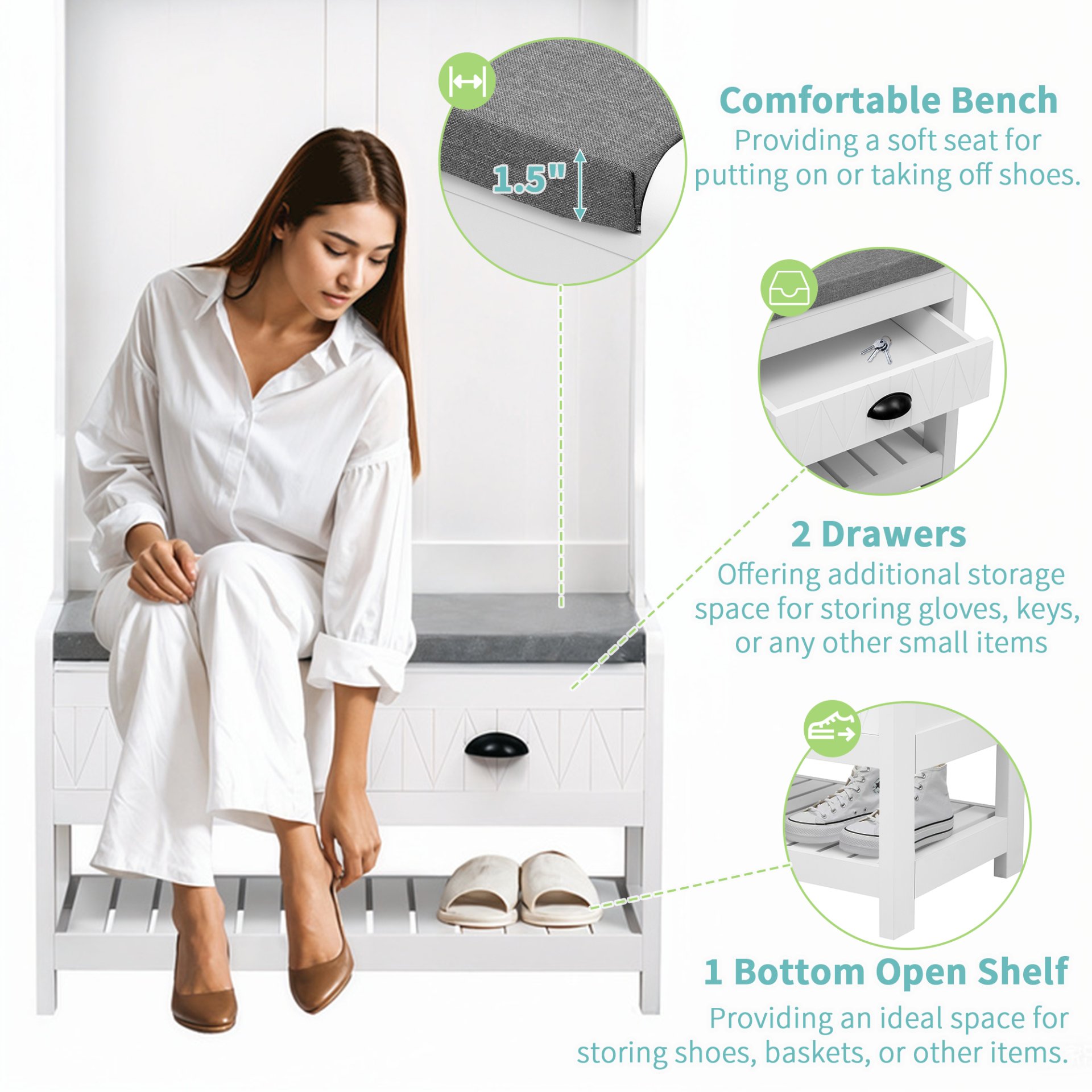 Hall Tree With 6 Hooks And Hinged Lid, Coat Hanger, Entryway Bench, Storage Bench, 3 In 1 Design, For Entrance, Hallway - White - Image 7
