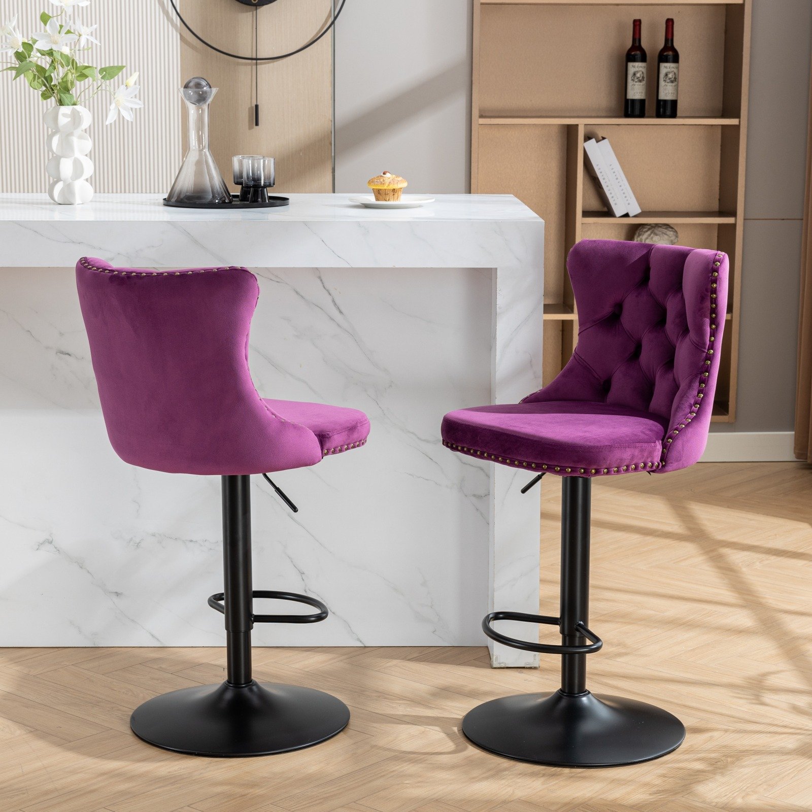 Swivel Velvet Barstools Adjusatble Seat Height, Modern Upholstered Bar Stools With Backs Comfortable Tufted For Home Pub And Kitchen Island (Set of 2) - Purple - Image 18