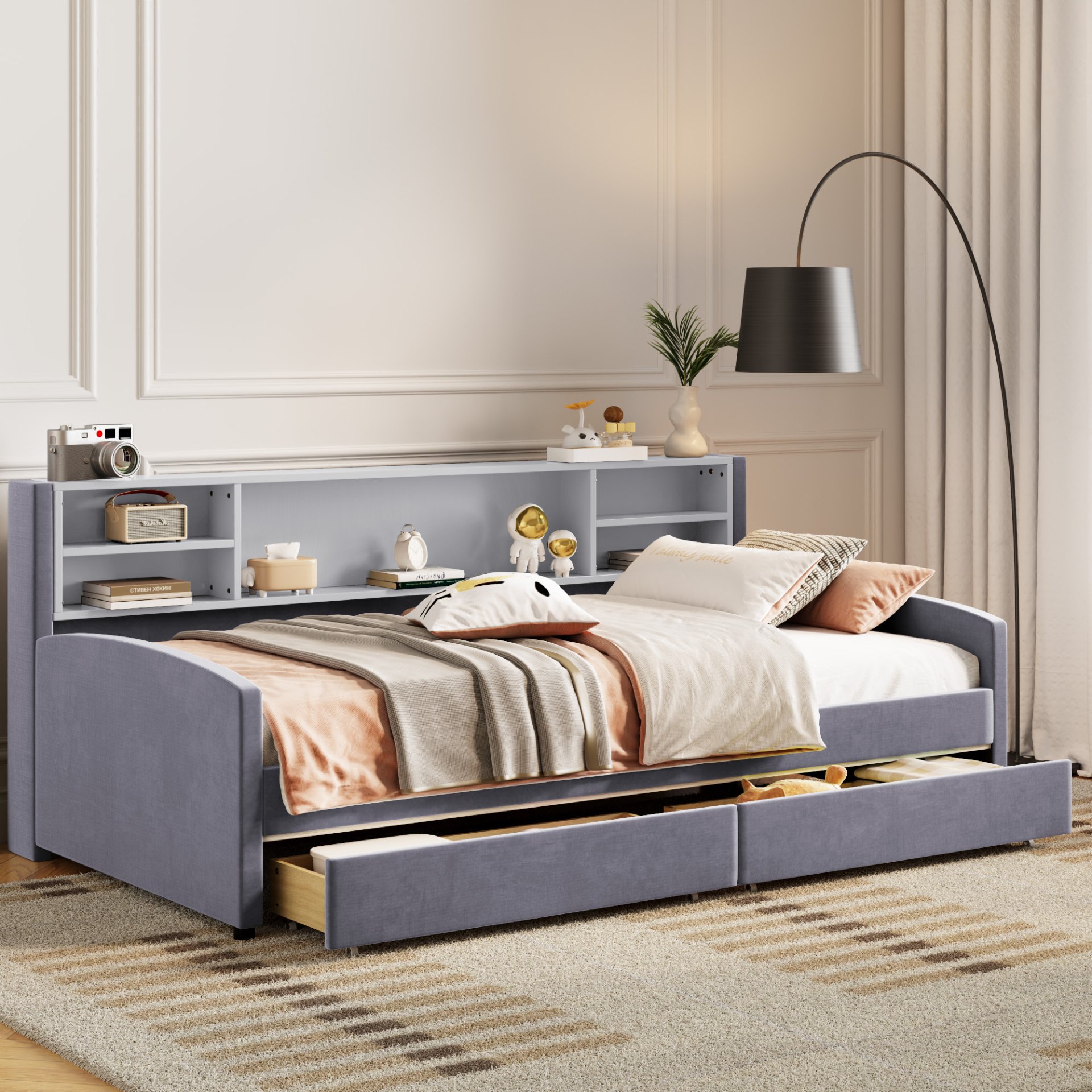 Twin Size Upholstered Platform Bed With Storage Drawers And Headboard - Gray - Image 2