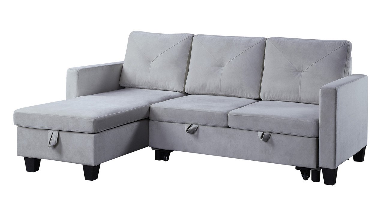 Nova - Velvet Reversible Sleeper Sectional Sofa With Storage Chaise - Light Gray - Image 2