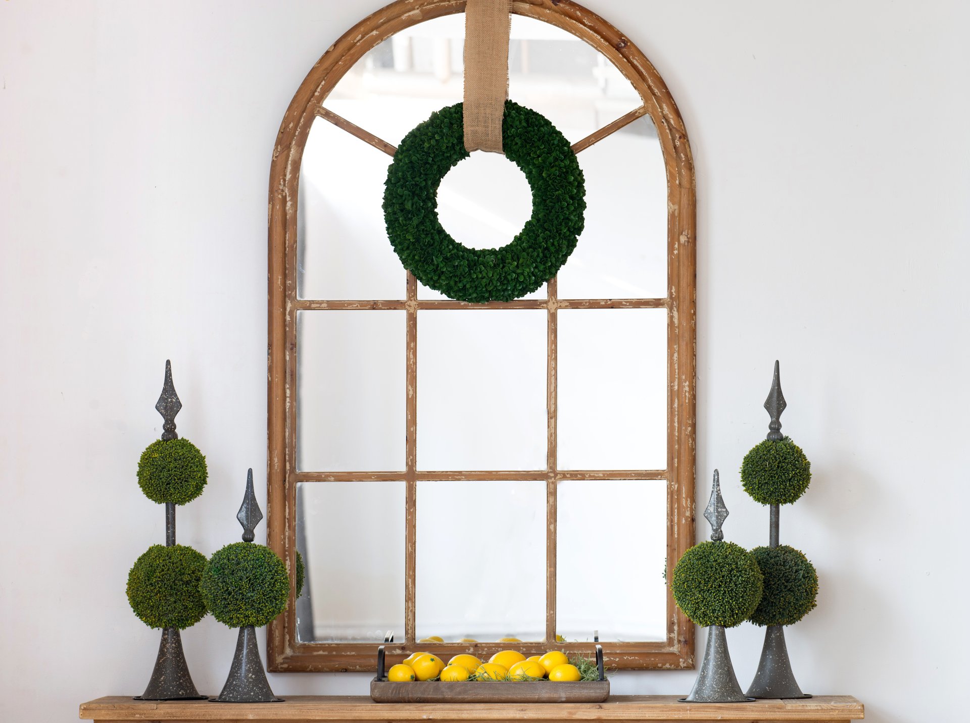 Large Arched Accent Mirror With Frame With Decorative Window Look Classic Architecture Style Solid Fir Wood Interior Decor - Brown - Image 3