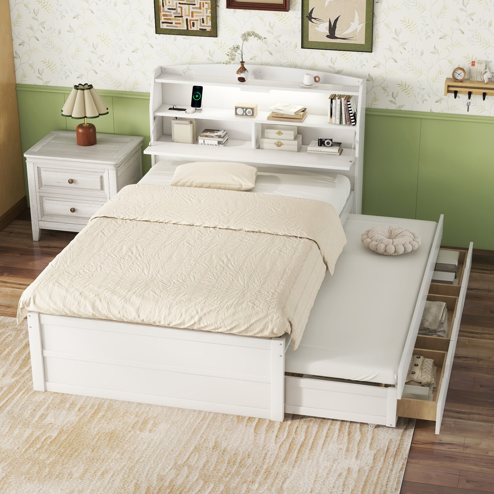 Full Size LED Platform Bed With Trundle With Storage Headboard With Drawers - White - Image 2