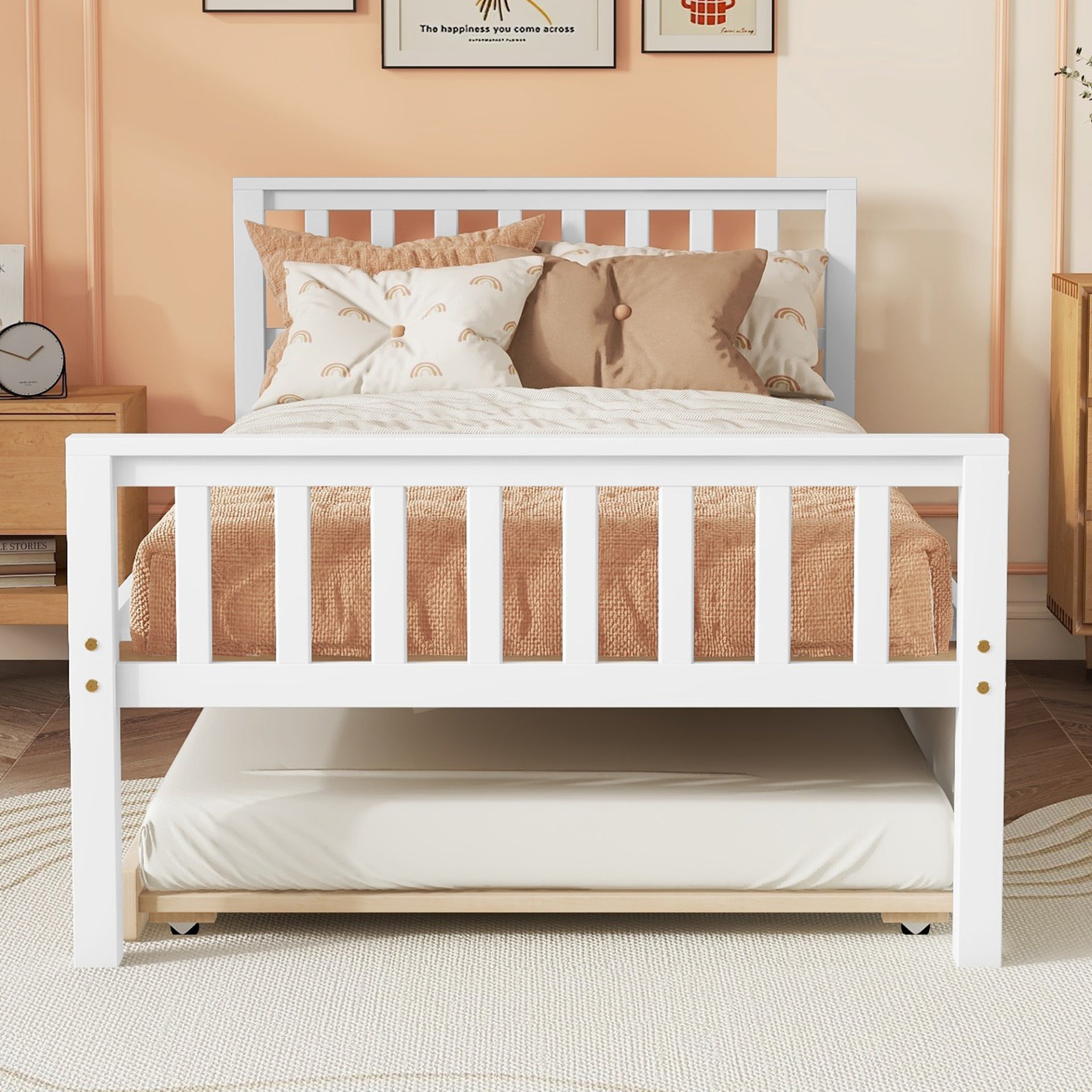 Twin Bed With Trundle, Platform Bed Frame With Headboard And Footboard, For Bedroom Small Living Space, No Box Spring Needed - White - Image 3
