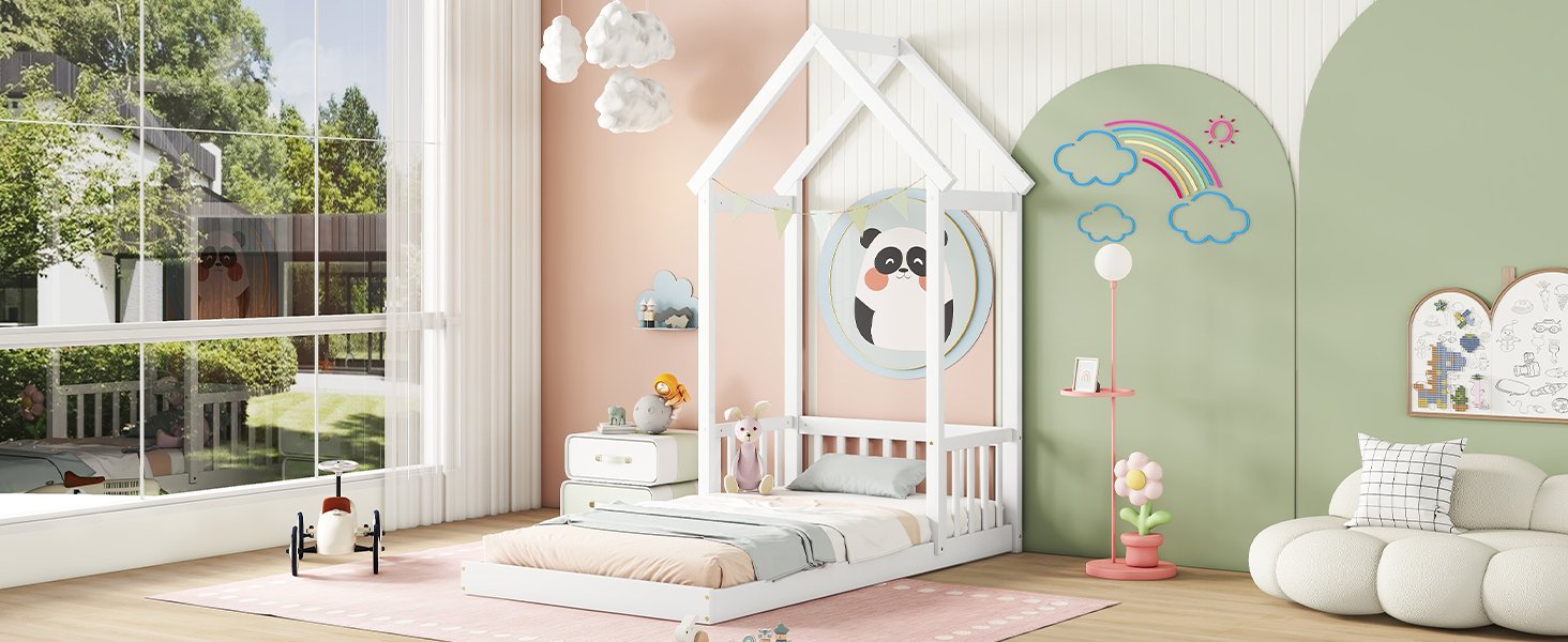 Twin House-Shaped Roof Headboard Floor Bed, (Without Slats) - White - Image 10